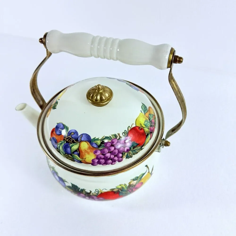 Vintage Cornucopia Enamelware Tea Kettle Pot Fruit Motif Ceramic Handle Taiwan